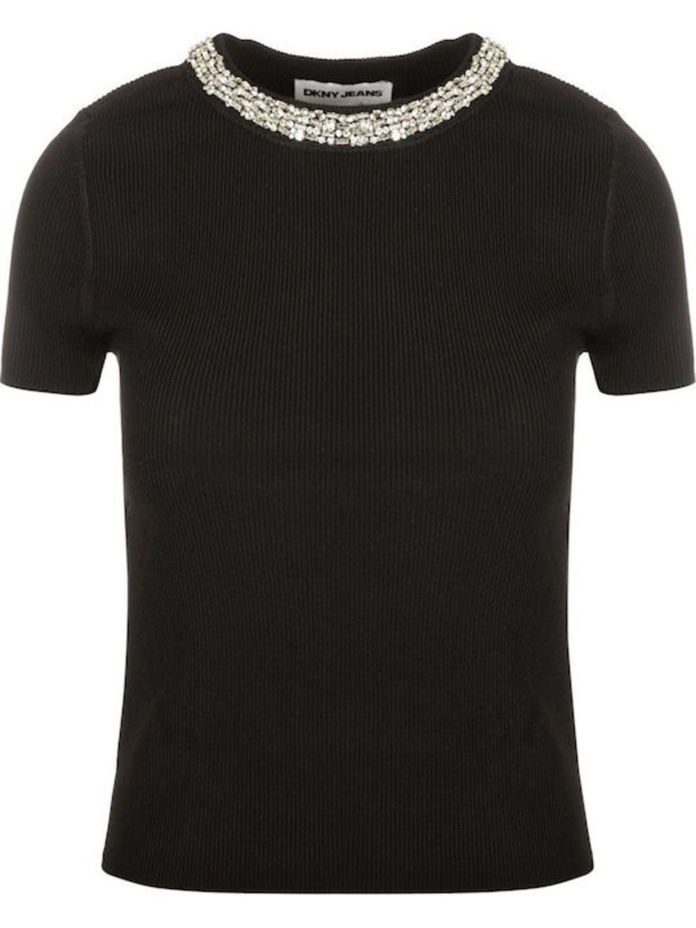 Dkny Black Short Sleeve Ribbed Top with Crystal-Trim Neckline